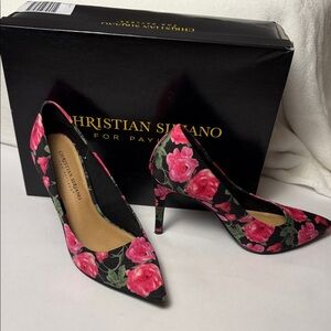 Christian Siriano Black Pumps with Pink Rose Print
